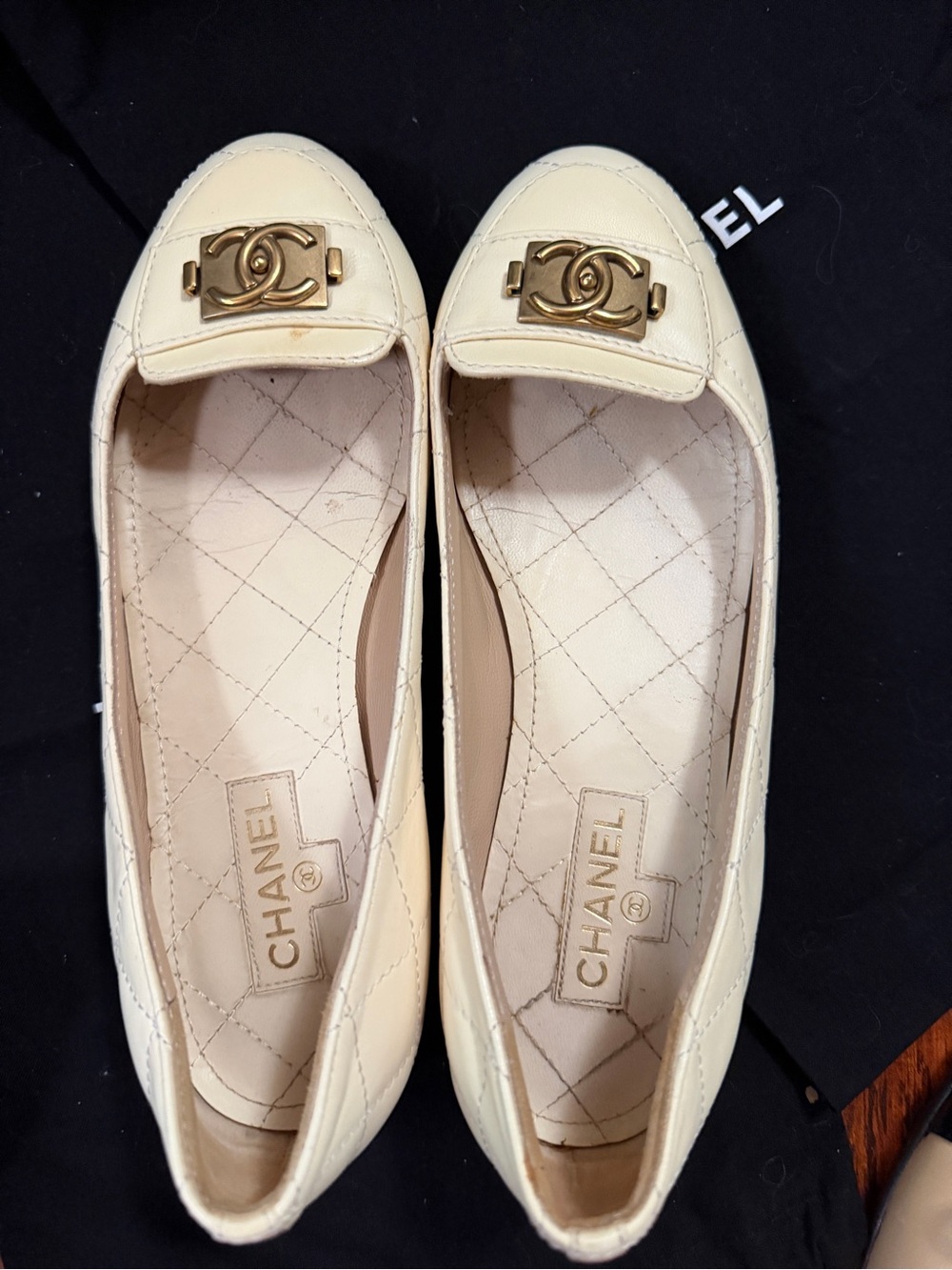 CHANEL Cream Quilted Leather Loafers with Gold CC Hardware